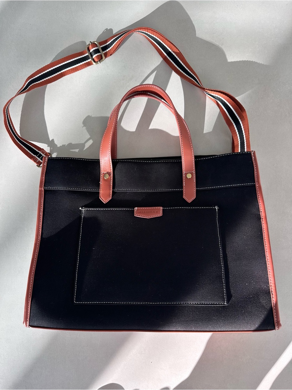 Black and Brown Accent Laptop Tote with Striped Shoulder Strap